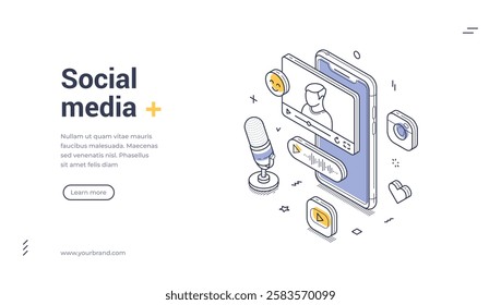 A smartphone displays a video call featuring a person. Social media isometric line art web banner, landing page template