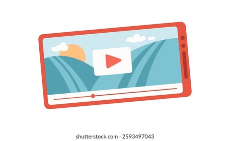 Smartphone displays a video for user entertainment. Mobile device plays engaging media content. Digital application showcases dynamic visuals, animated interface, online social activity. Flat design,
