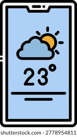 A smartphone displays a weather app with a temperature of 23 degrees Celsius, featuring a cloud and sun icon. This image is perfect for weather forecasts, technology, and mobile app designs.
