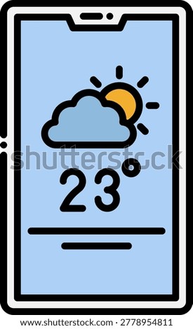 A smartphone displays a weather app with a temperature of 23 degrees Celsius, featuring a cloud and sun icon. This image is perfect for weather forecasts, technology, and mobile app designs.