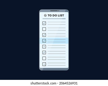 Smartphone With To Do Check List App On Display Screen. Vector Mobile Phone Todo Application Illustration. User Phone Interface Eps Design