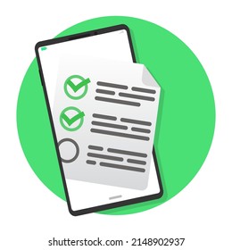 Smartphone with  to do list on green circle background. self control servise concept. Flat design style illustration.