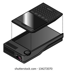 A smartphone docking to a pico projector.