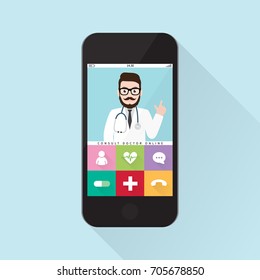 Smartphone with doctor on video call, mobile medical consultation concept, Healthcare services, Ask a doctor, health application
