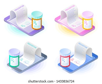 The smartphone, doctor online writes the medical prescription, pill bottle. Flat vector isometric illustration set. The telemedicine, telehealth, rx medicine, mobile healthcare, tele health concept.
