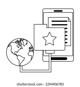 Smartphone with document folder and world symbol in black and white