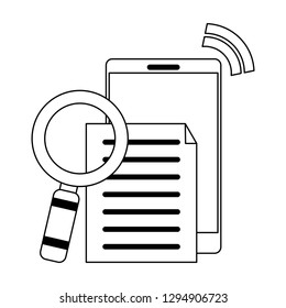 smartphone with document and magnifying glass in black and white