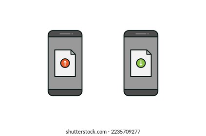 Smartphone y diseño vectorial de icono de descarga de carga de documentos