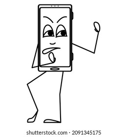 The smartphone does not want, refuses, does not agree. Smartphone with emotion, gestures. Vector icon, outline, cartoon, isolated. Editable stroke