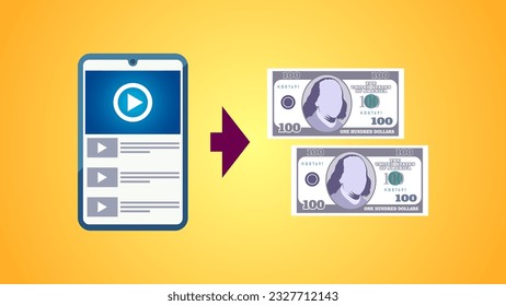 diseño de ilustración de smartphones y dólares vectoriales de facturación, ganar dinero con contenido de video, ganar dinero con internet