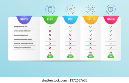 Smartphone, Dollar exchange and Love message icons simple set. Comparison table. Approved shield sign. Cellphone or phone, Payment, Dating service. Protection. Technology set. Pricing plan. Vector