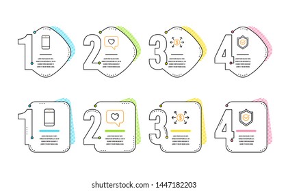 Smartphone, Dollar exchange and Love message icons simple set. Approved shield sign. Cellphone or phone, Payment, Dating service. Protection. Technology set. Infographic timeline. Line smartphone icon