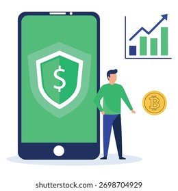 Smartphone mit Dollarschild und Diagramm, das sichere Finanztechnologie und Investitionen darstellt