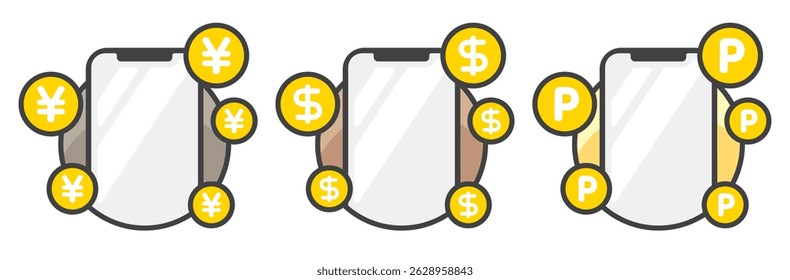 Smartphone and dollar sign, Japanese yen sign, point image set Vector illustration