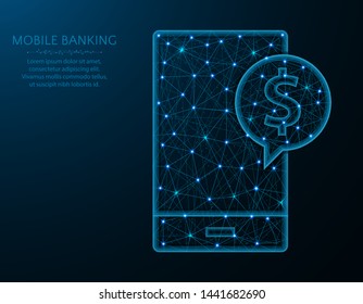 Smartphone and dollar sign low poly design, mobile banking abstract geometric image, e-commerce wireframe mesh polygonal vector illustration made from points and lines on dark blue background