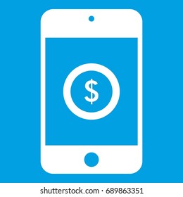 Smartphone with dollar sign on display icon white isolated on blue background vector illustration