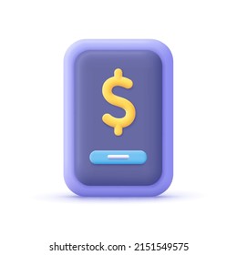 Smartphone with dollar sign on the screen. Mobile payment services, finances app, financial banking technology concept. 3d vector icon. Cartoon minimal style.