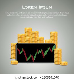 Smartphone with Dollar trading chart on-screen among piles of golden Dollar coins. Dollar trading concept. Vector illustration.