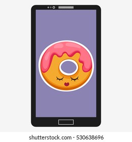 Smartphone with Donut in flat cartoon style. Background of donut with pink glaze dessert emoticon characters fun face in the screen. Vector Illustration eps 10 for your design.