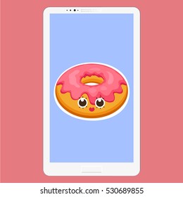 Smartphone with Donut in flat cartoon style. Background of donut with pink glaze dessert emoticon characters fun face in the screen. Vector Illustration eps 10 for your design.