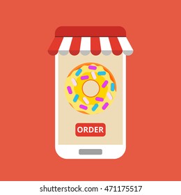 Smartphone with donut on the screen. Order fast food concept. Flat vector illustration.