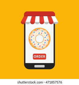 Smartphone with donut on the screen. Order fast food concept. Flat vector illustration.