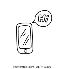 Icône gribouillage smartphone. Gadget électronique dessiné à la main avec écran tactile, pour les appels et sms.Dispositif de communication et Internet. Isolé. Illustration vectorielle