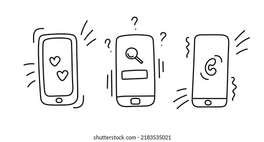Smartphone doodle icons. Hand-drawn sketch electronic gadgets with touchscreen, for calls and sms.Devices for communication and searching in Internet. Isolated. Vector illustration