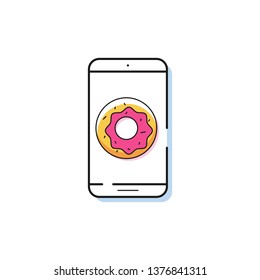 Smartphone with doughnut on screen. Line icon with mobile phone.