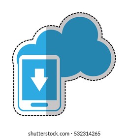 smartphone with dowload arrow and cloud storage icon over white background. vector illustration