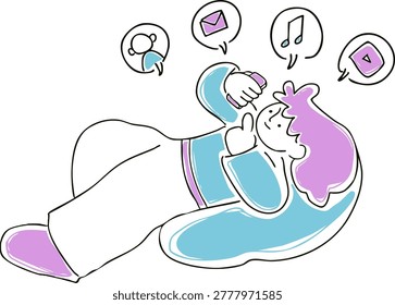  smartphone woman　lie down relax net surfing 
