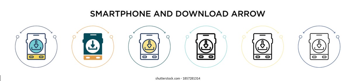 Smartphone and download arrow icon in filled, thin line, outline and stroke style. Vector illustration of two colored and black smartphone and download arrow vector icons designs can be used for 