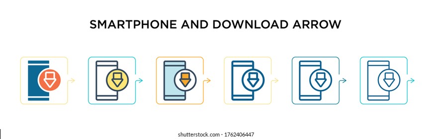 Smartphone and download arrow vector icon in 6 different modern styles. Black, two colored smartphone and download arrow icons designed in filled, outline, line and stroke style. Vector illustration 
