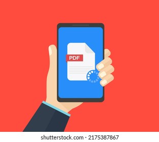 Smartphone and download file logo design. Hand holds smartphone, finger touches screen. Read, download, view PDF on phone, mobile device vector design and illustration.
