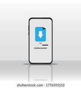 Smartphone Descargando datos sobre fondo blanco. Descargar concepto de aplicación móvil. Ilustración vectorial, cuadrada