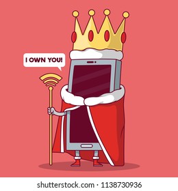 Smartphone dressed as a king vector illustration. Social Media, network, internet, technology design concept