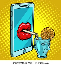 Smartphone drinks human brain. Comic cartoon pop art retro vector illustration drawing