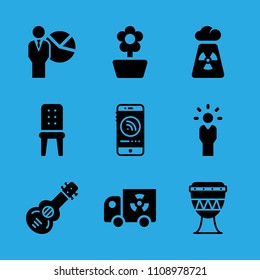 smartphone, drum, flower, chair, spanish guitar, manager, transportation, presentation and radiation vector icon. Simple icons set