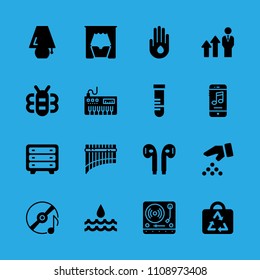 smartphone, earphones, bee, drop of water on hand, lamp, turntable, seeds, bag and compact disc vector icon. Simple icons set