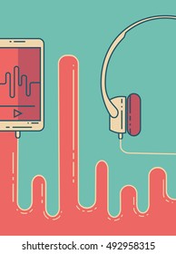 Smartphone with earphones flat linear poster. Music listening concept. Vector illustration.