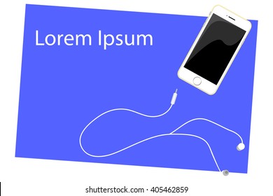 Smartphone and earphones flat vector illustration with place for text lorem ipsum new technology illustration smart phone style phone and earphones music podcast set isolated phone and headset concept