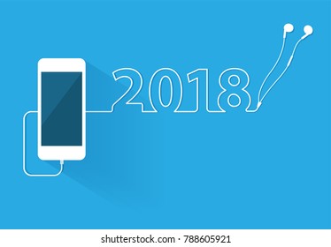 Smartphone with earphones happy new year 2018 calendar cover typographic vector design