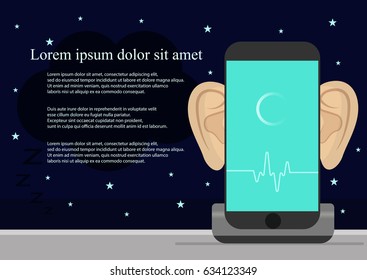 Smartphone with ears,recording audio on screen. Concept of security and protection of electronic virtual information in gadgets and social networks and Smart alarm clock