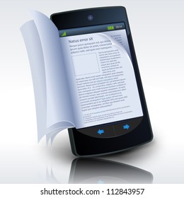 Smartphone E-Book/ Illustration of a smartphone e-book with realistic pages flipping effect. Imaginary model not made from a real existing mobile phone