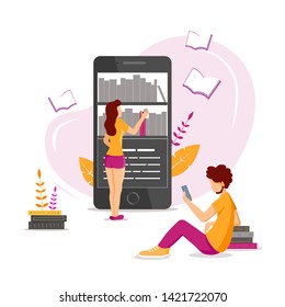 Smartphone with e-book reader application and people choosing and reading books. Vector illustration for poster, banner, cover, card, flyer.