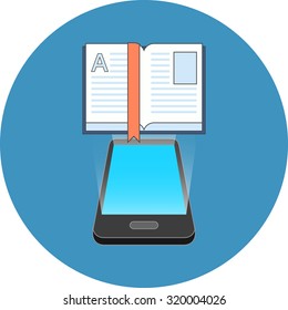 Smartphone e-book reading concept. Isometric design. Icon in blue circle on white background.