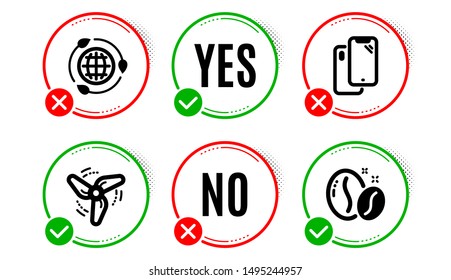 Smartphone, Eco energy and Wind energy icons simple set. Yes no check box. Coffee beans sign. Phone, Ecology, Ventilator. Roasted seeds. Business set. Smartphone icon. Check mark. Vector