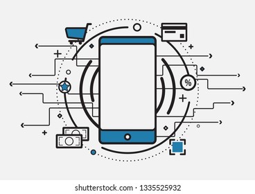 smartphone for e-commerce business working and social media concept. Mobile phone, money,credit,cart,QR code in minimal line style on light grey background, vector illustration.
