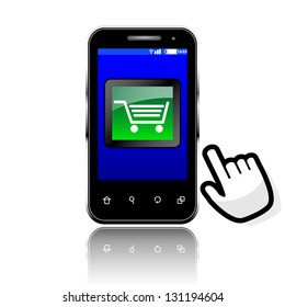 Smartphone with e-commerce opening application. Vector icon
