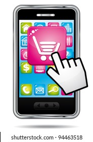 Smartphone with e-commerce opening application. Vector icon.